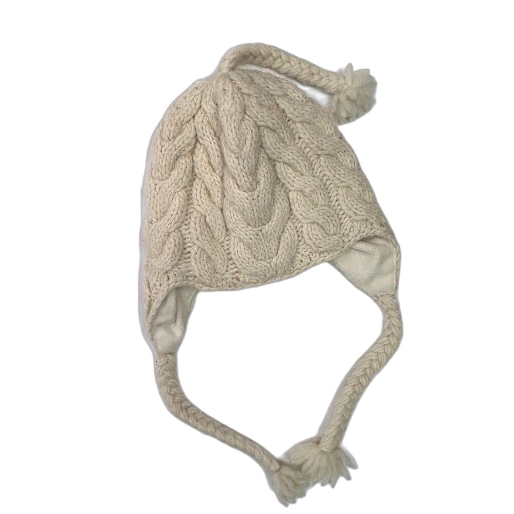 Erin Knitwear Ireland NWOT Women's Ivory Wool Cable Knit Ear Flaps Braided Ties